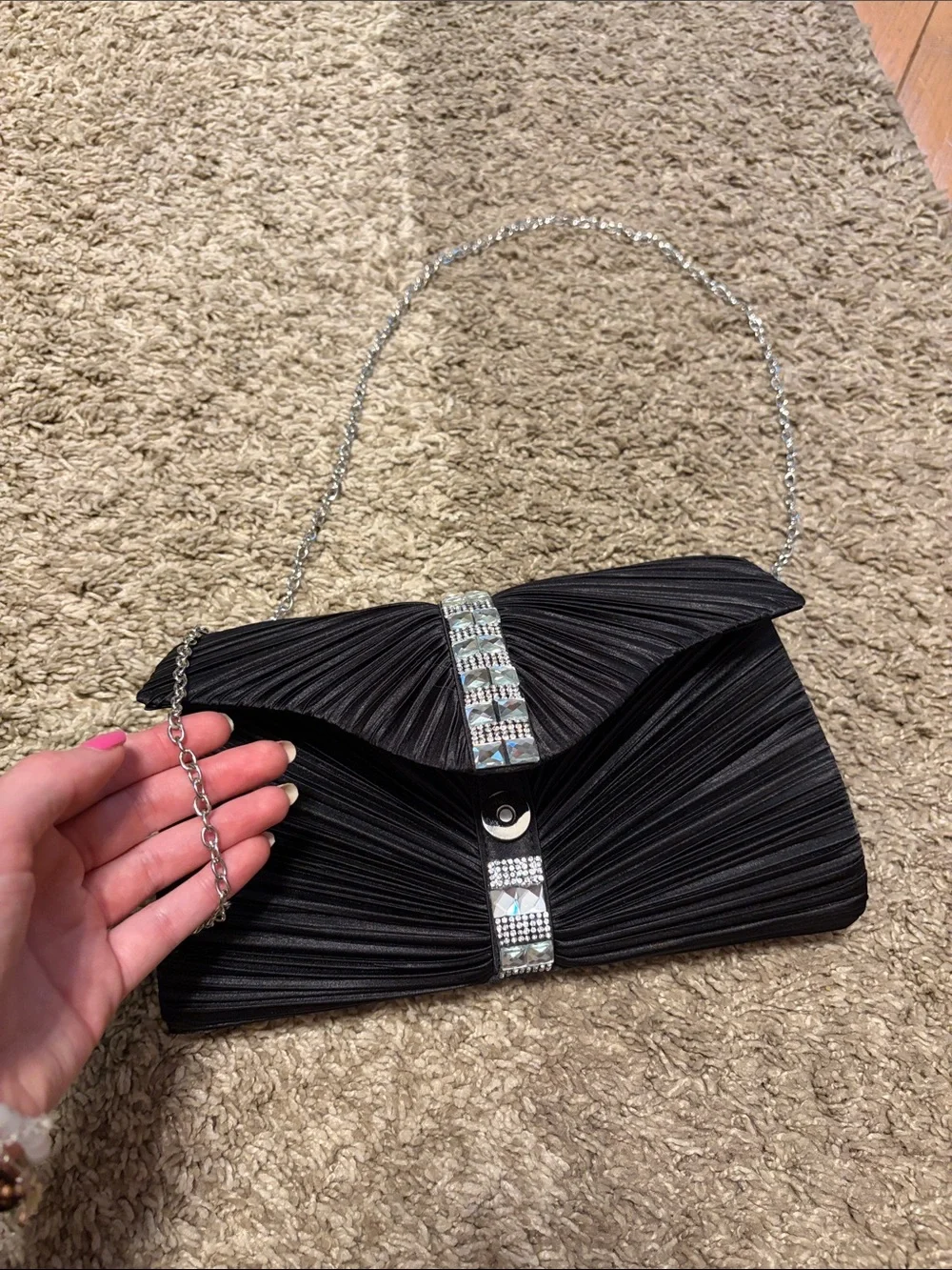 Jessica McClintock Elegant Black Pleated Evening Clutch with Crystal Accent